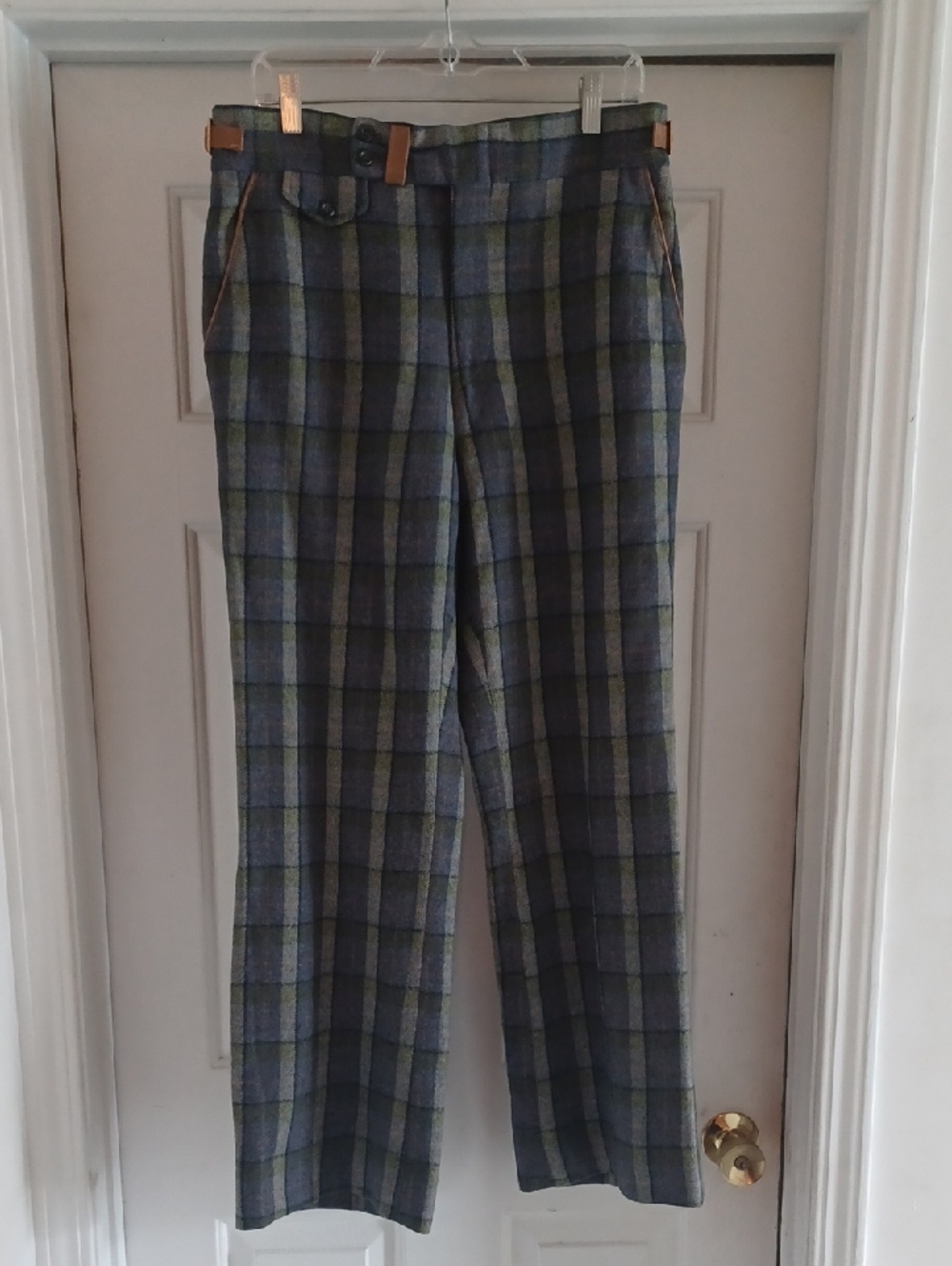 Plaid Wool Dress Pants in Blue and Green